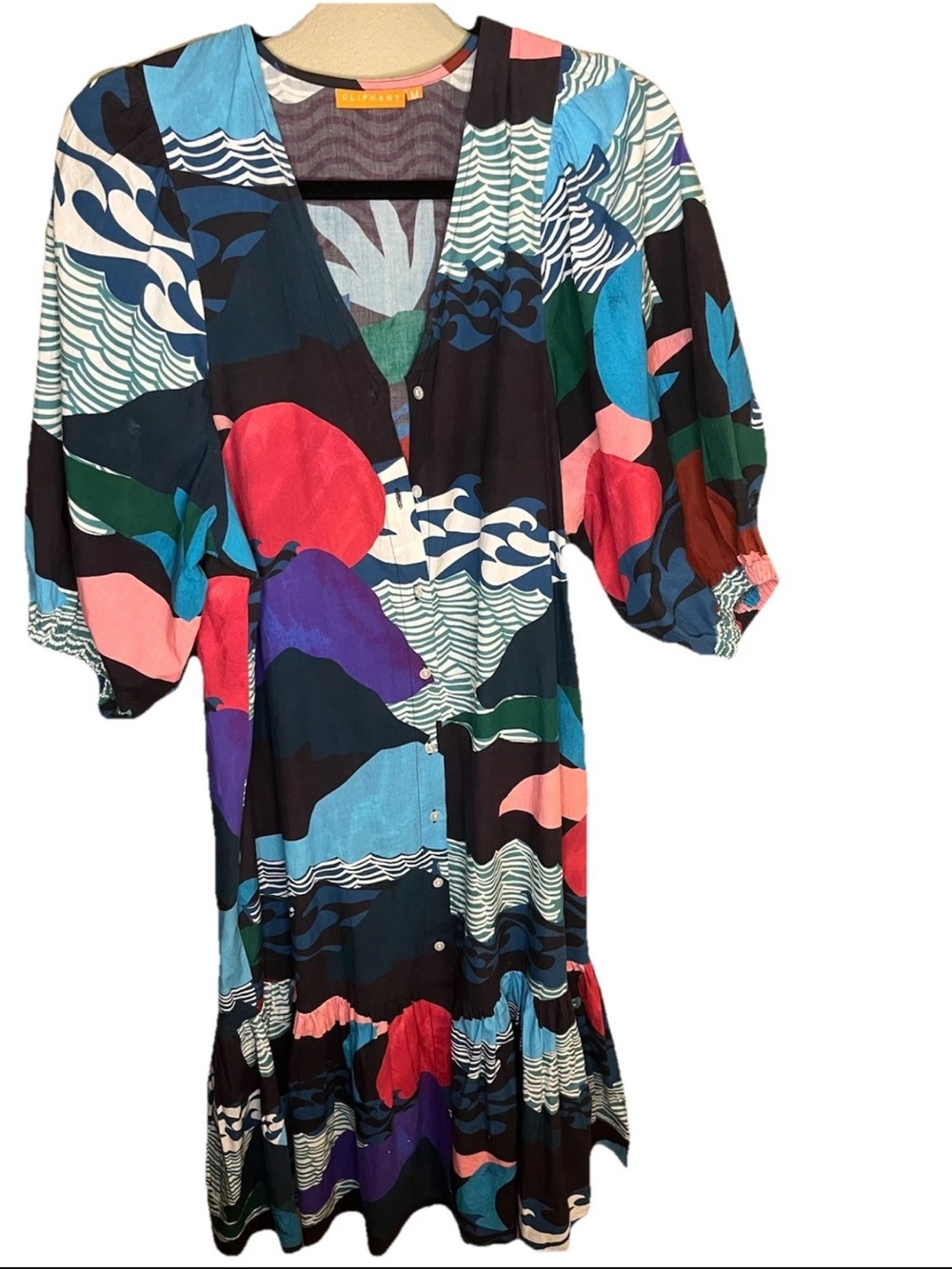 Oliphant Pacifica Black Button Front Puff Sleeve Midi Dress Medium M